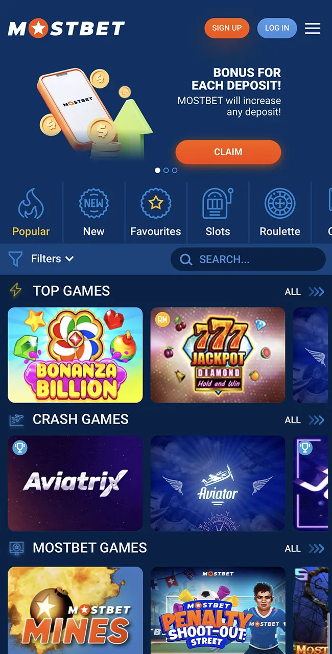 Play your favorite casino games with Mostbet.