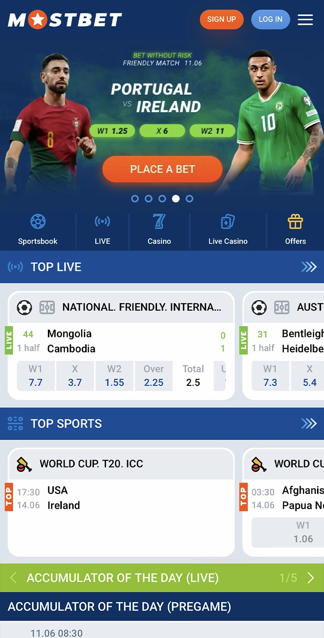 Main page of Mostbet app.