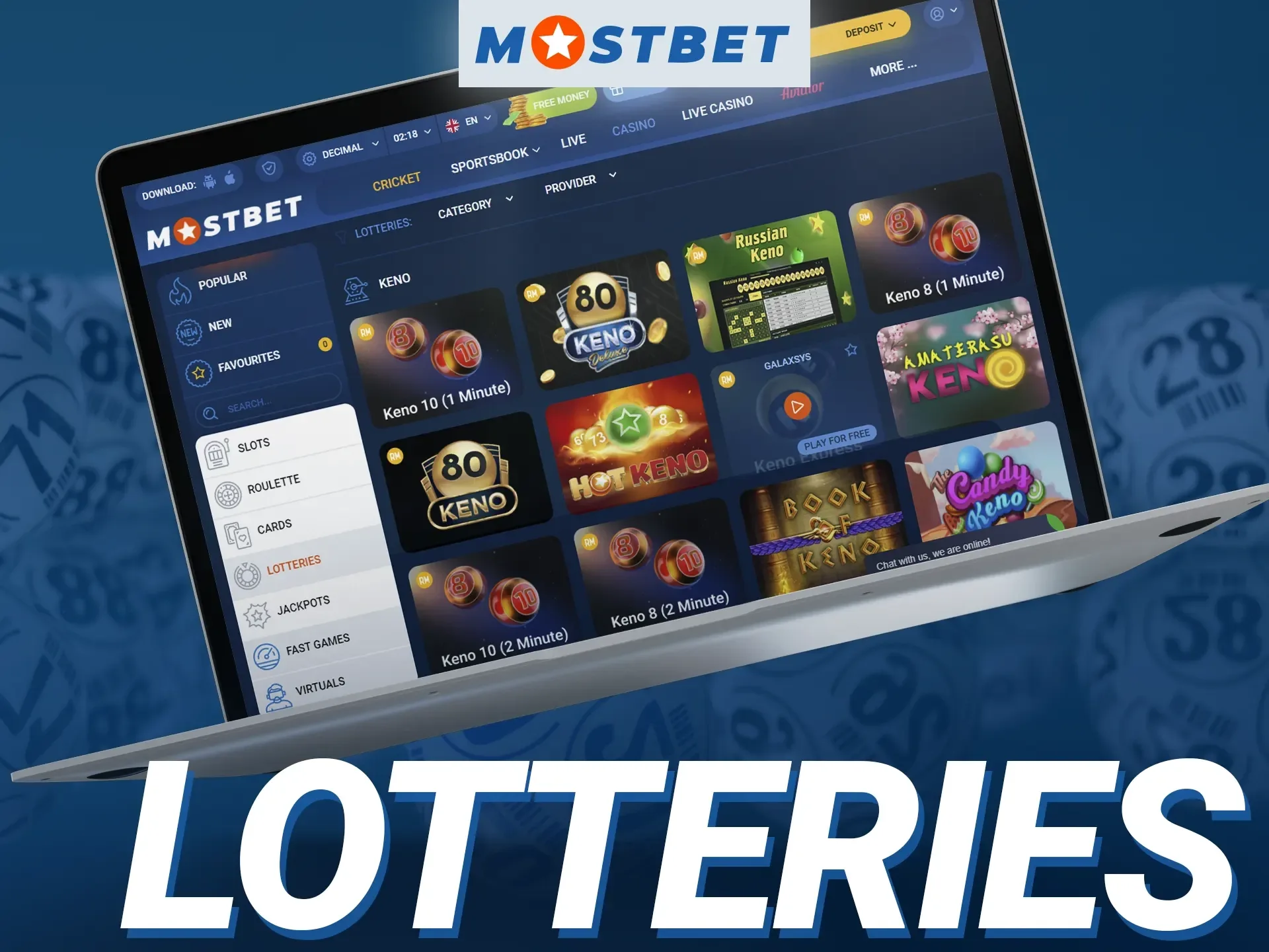 What games are included in the lotteries section of the Mostbet online casino.