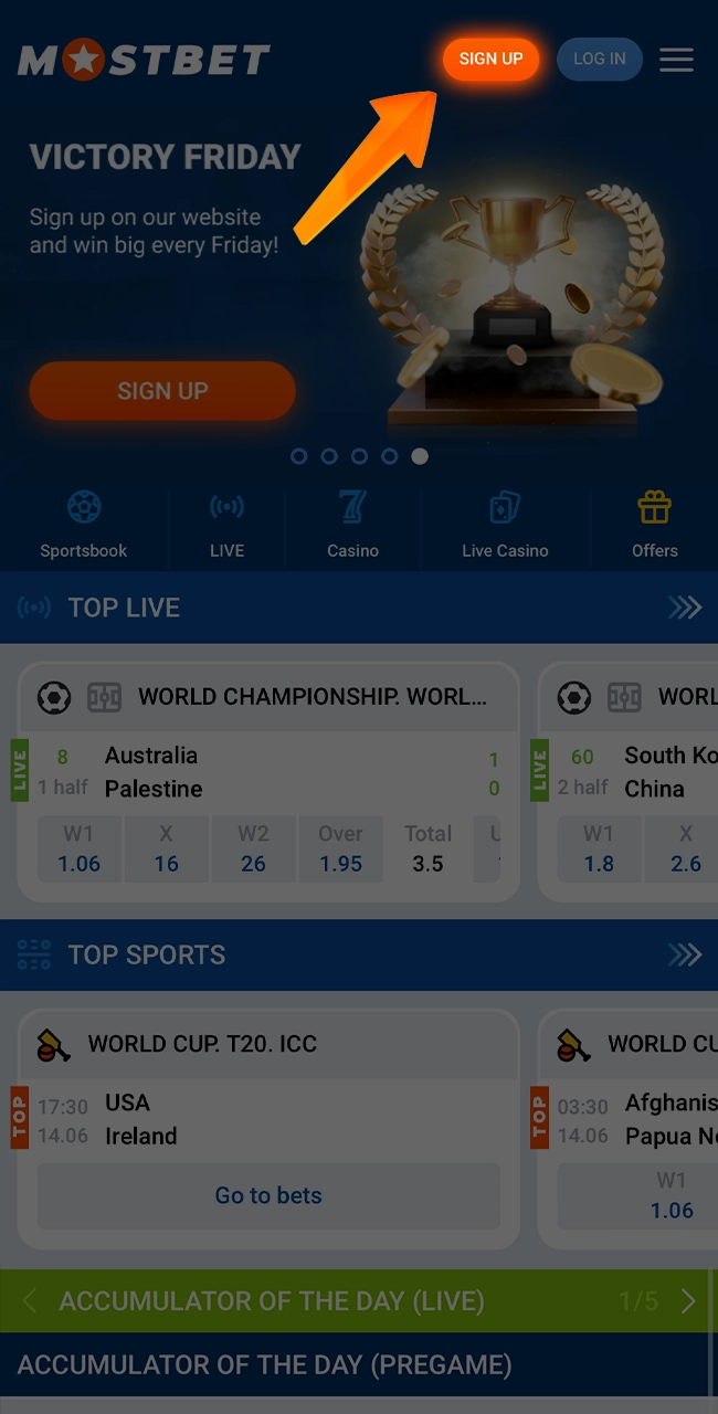 Open Mostbet and click on the registration button.