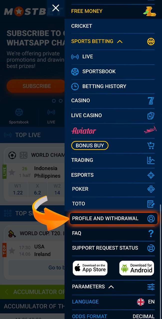 Log in to Mostbet and click My Account.