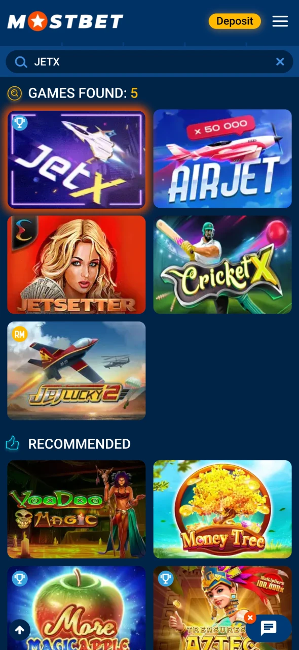 Type JetX into the search bar at Mostbet casino.