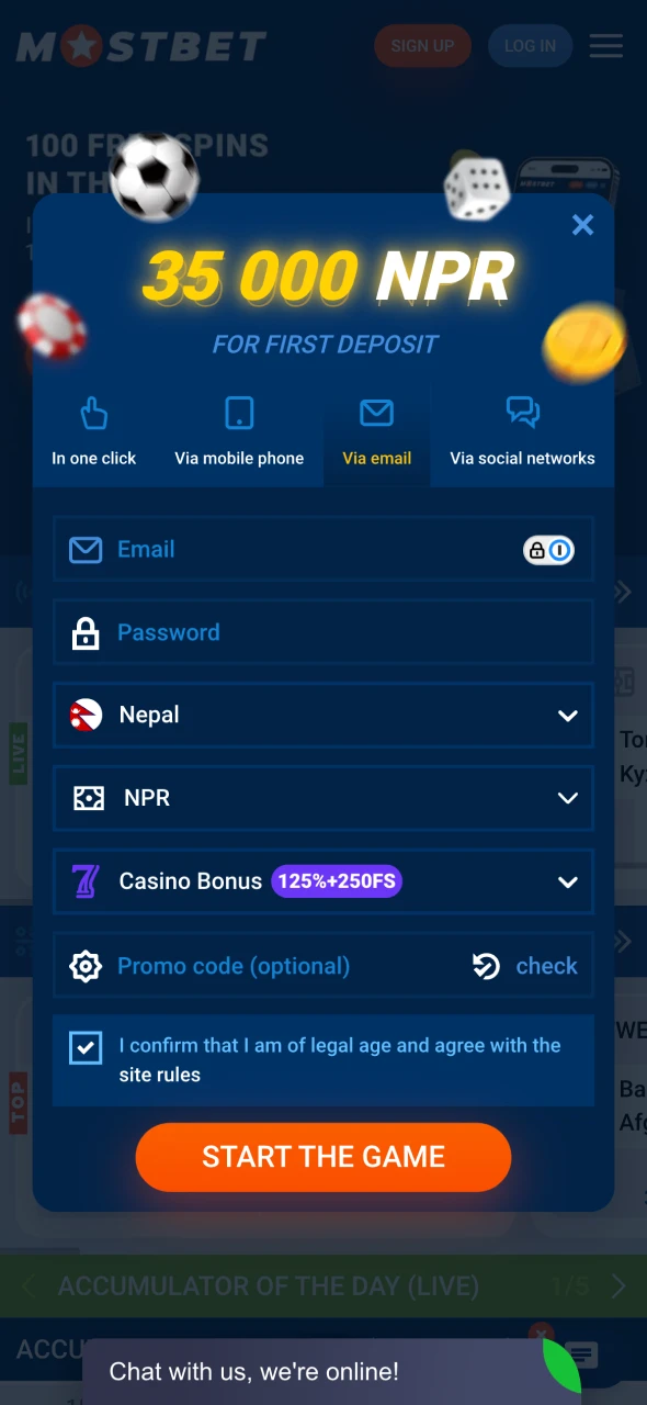 Choose how you want to register at Mostbet platform.