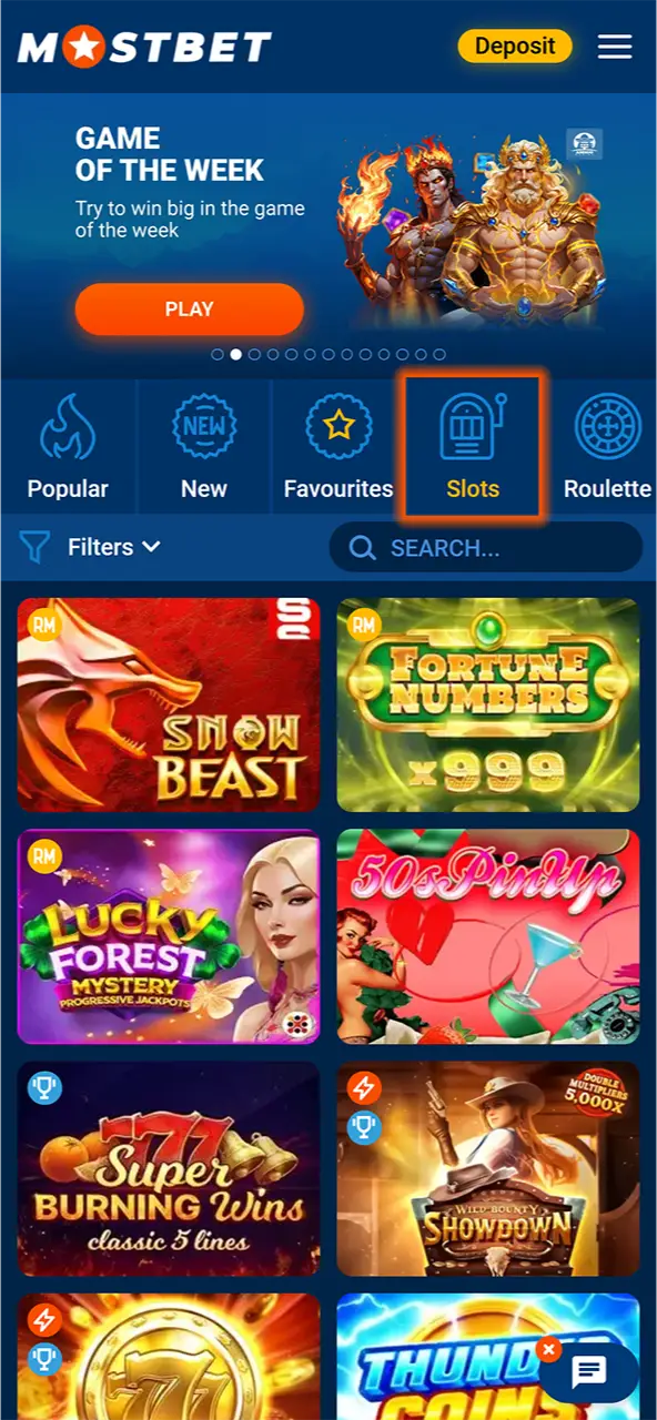 Select the Slots category at Mostbet Casino in Nepal.