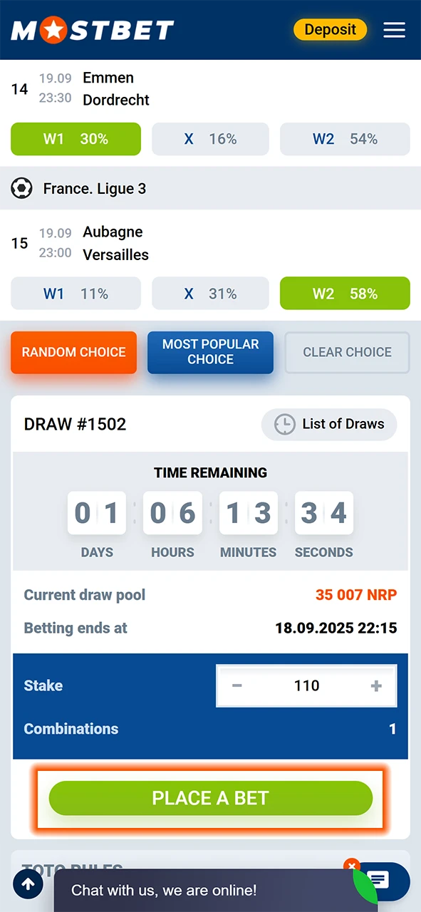 Confirm your bet in TOTO draws on the official website of Mostbet.