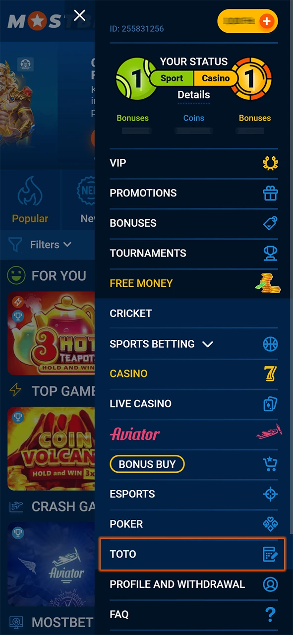 Open the TOTO section on the official Mostbet platform.